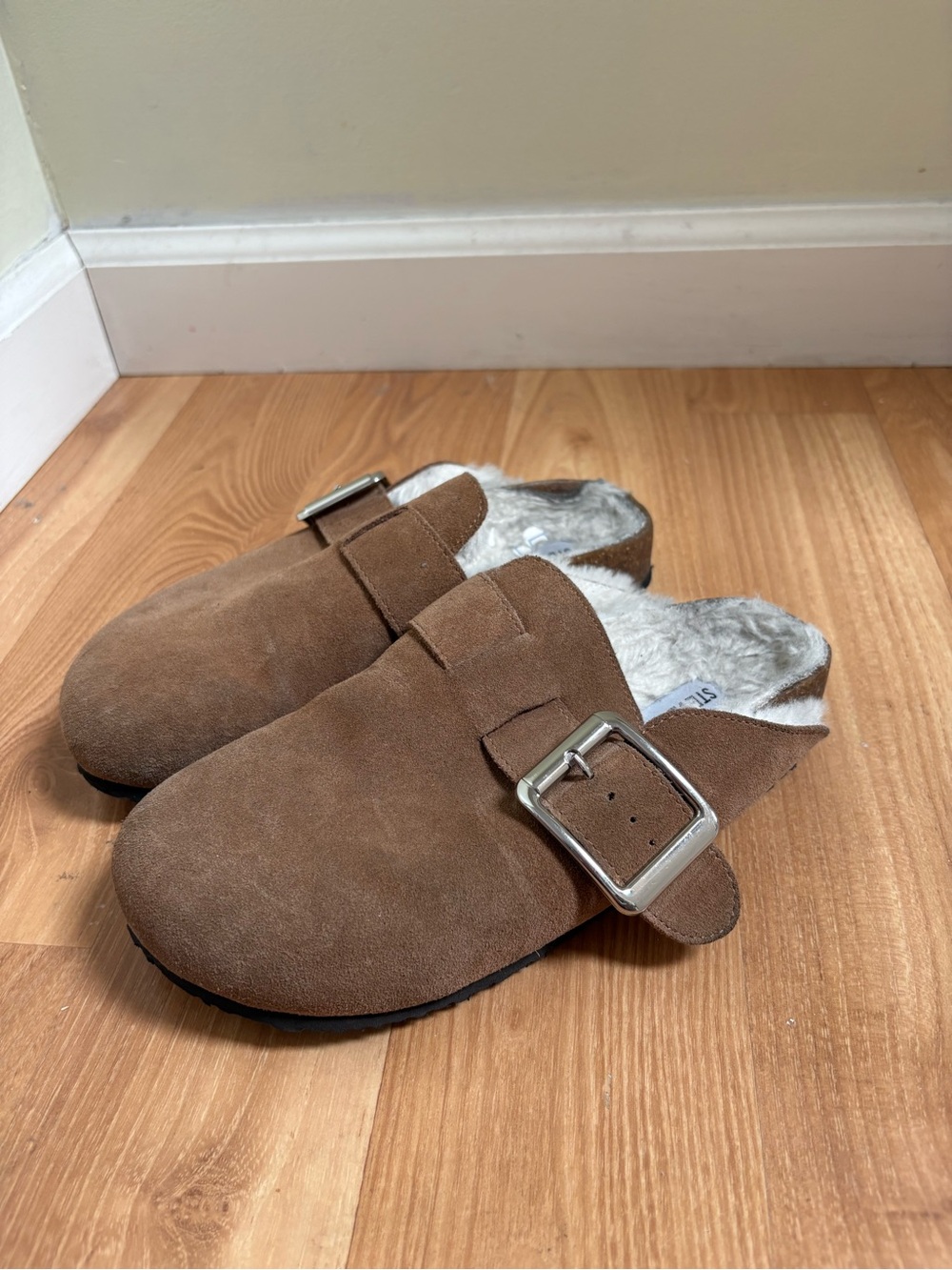 Steve Madden Tan Suede Slip-On Mule with Faux Shearling and Silver Buckle